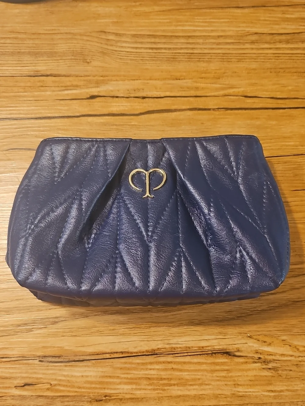 Cle De Peau Quilted Navy Leather Cosmetic Makeup Bag Case with Gold Logo